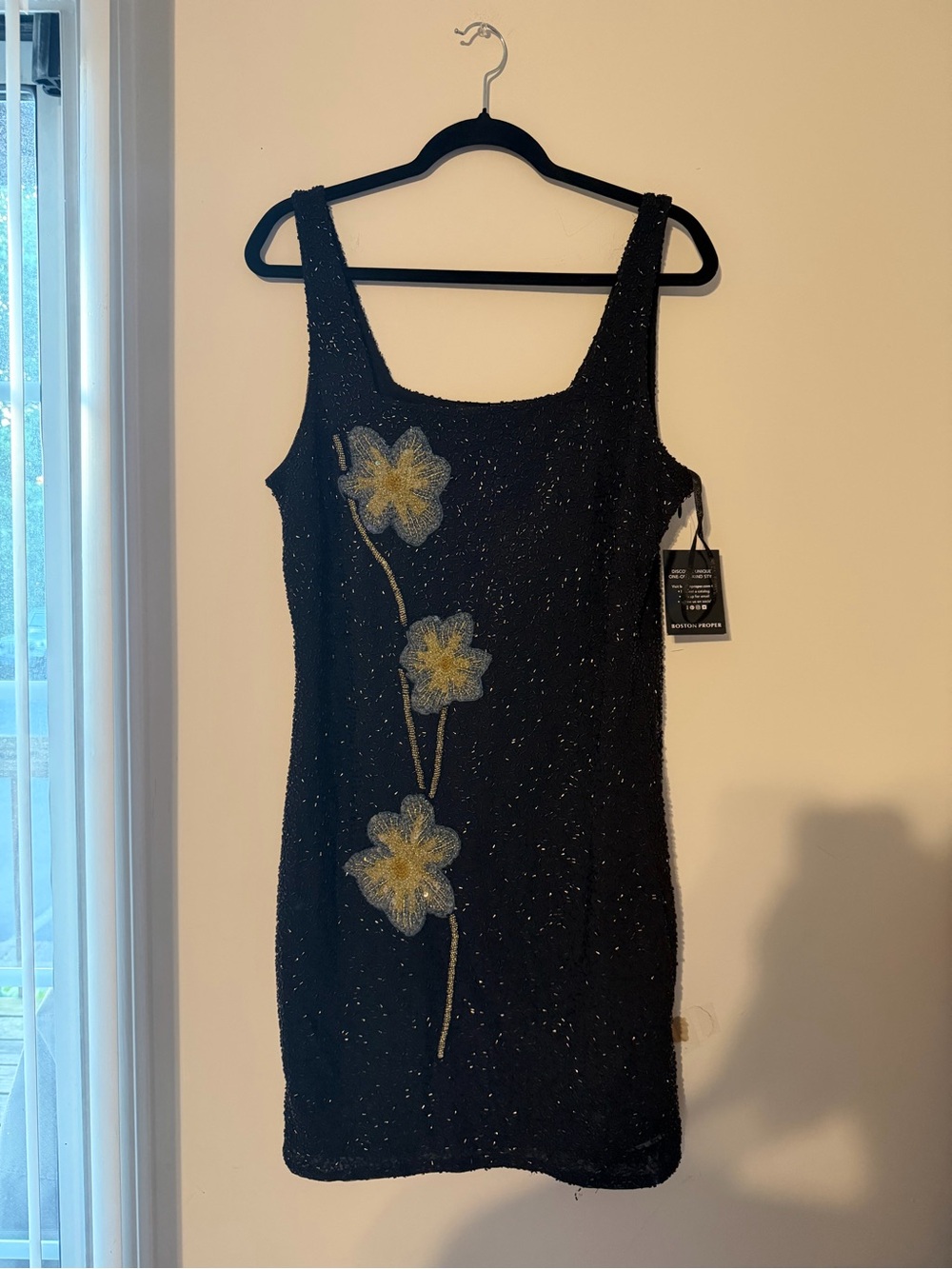 NWT Boston Proper Black Beaded Mini Dress with Yellow Floral Appliqués